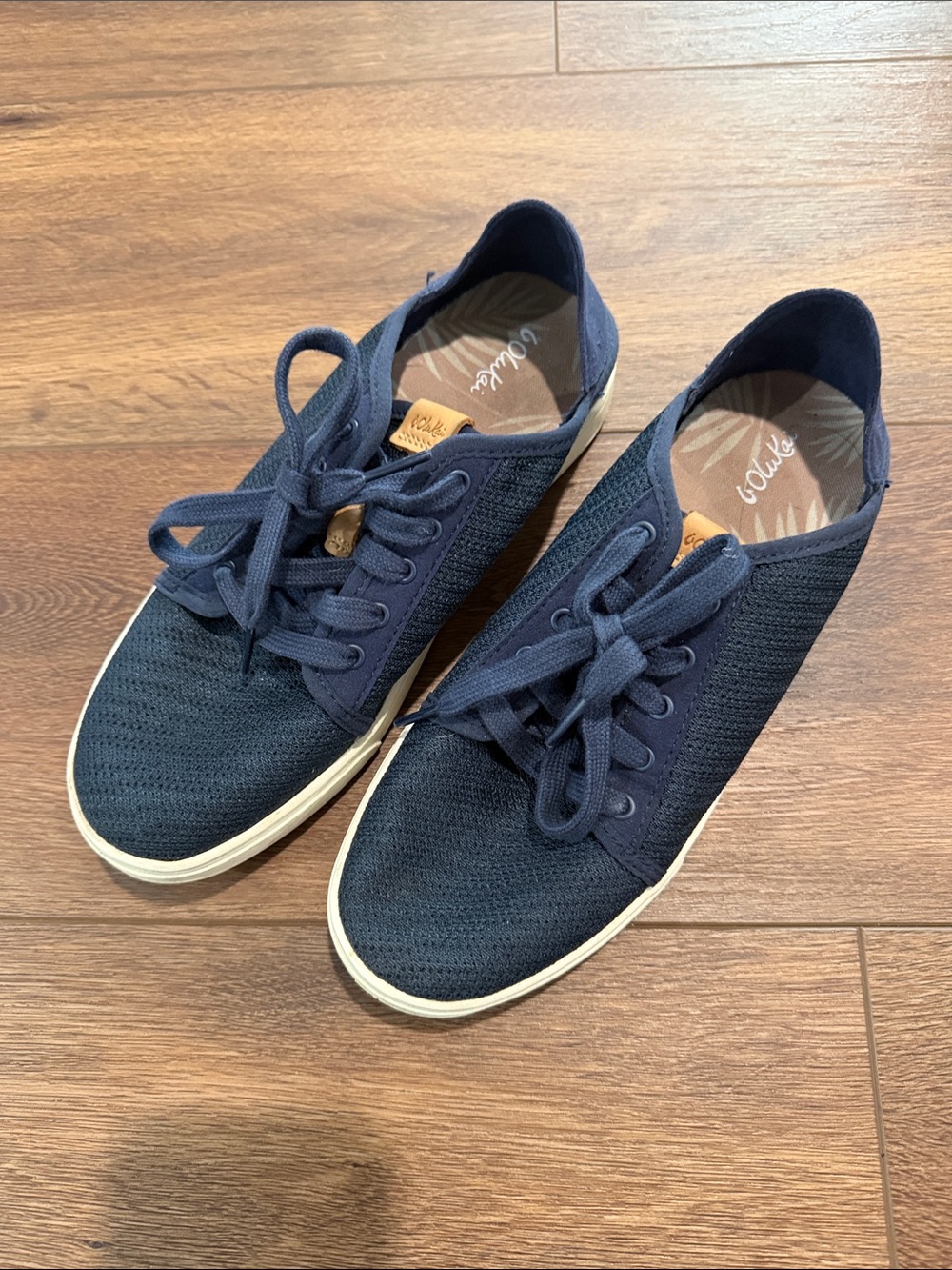OluKai Women's Navy Knit Lace-Up Flats
